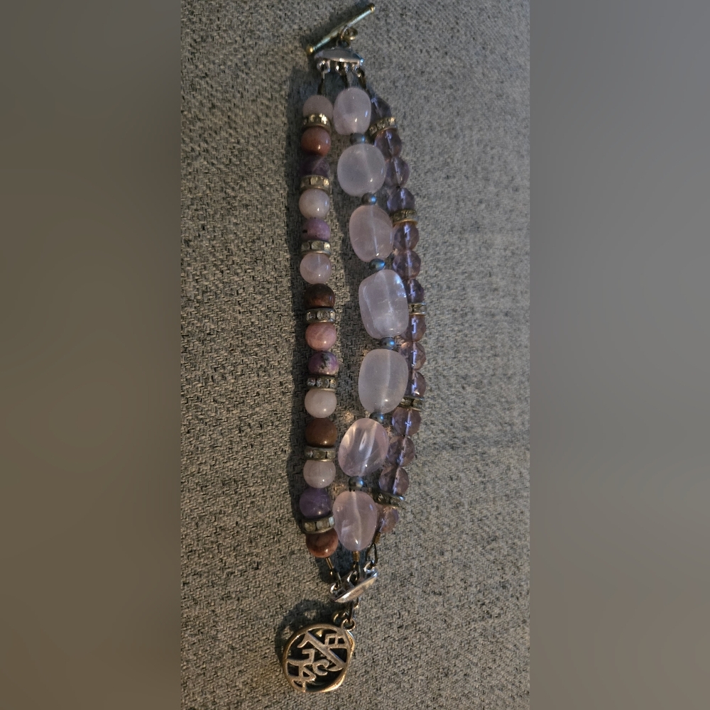 Elegant Rose Quartz and Purple Triple Beaded Bracelet with Love Charm